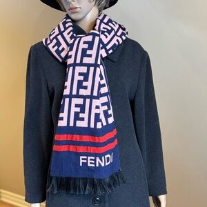 FENDI Double F Logo Scarf Pink Navy Red Stripe Fringe